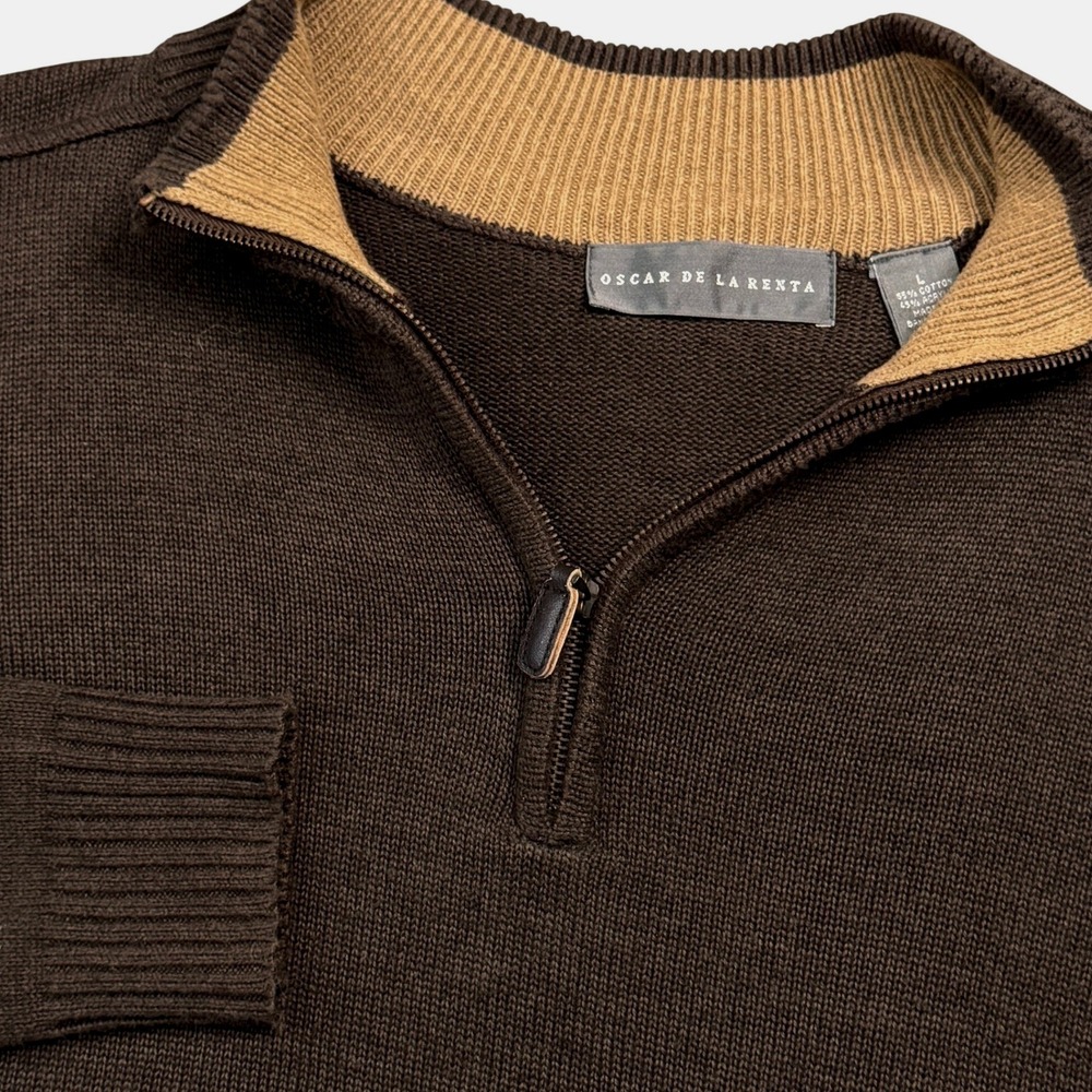 Oscar De La Renta Mens Dark Brown Quarter Zip Knit Sweater Large Great Condition